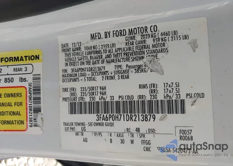 2013 Ford Fusion Se из США, поврежденный, VIN 3FA6P0H71DR213879